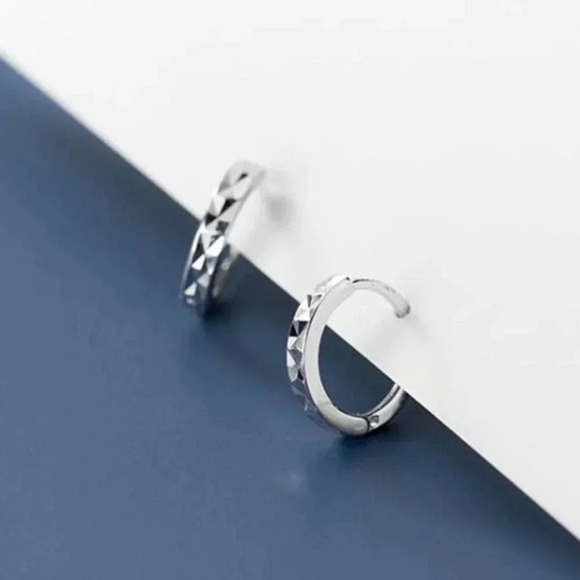 Sterling Silver Diamond Cut Huggie Hoop Earrings - Picture 3 of 7